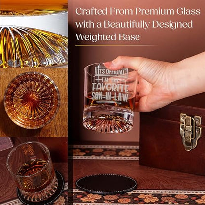 shop4ever It's Official, Favorite Son In Law Whiskey Gift Set, With Glass | Leather Coaster, Stainless Steel Stones, Wood Box, Gift For Men, Fathers Day Present, Wedding Idea, In Law Gift
