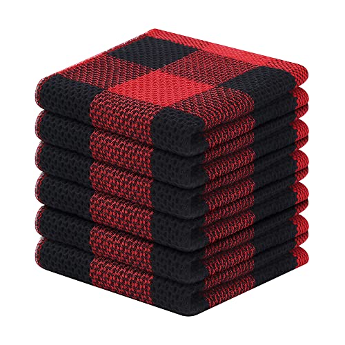 Homaxy 100% Cotton Check 6 Pack Dish Cloths, 12" x 12", Black & Red | Waffle Weave, Plaid, Super Soft and Absorbent Dish Rags, Quick Drying, Multi-Purpose - color: Black & Red, size: 12 x 12 - 6 Pack