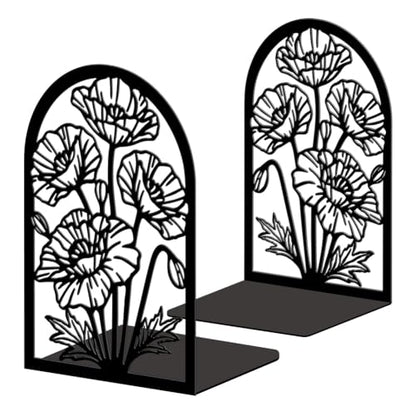 5.3"x4.3"x7.9" Metal Bookends, Heavy Duty Book Ends for Shelves | Poppies Theme Cast Iron Book Supports, 1 Pair Decor Stoppers for Desk, Library, Office & Home Shelves - style: Poppies