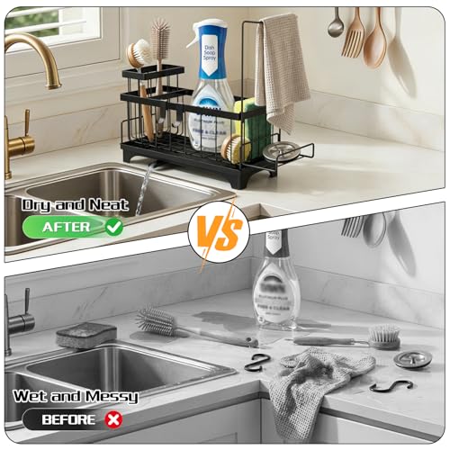 VOOWO Sponge Holder for Kitchen Sink, Compact Sink Caddy with Brush Holder | 304 Rustproof Stainless Steel Dish Soap Holder, Small Kitchen Sink Organizer, Self-Draining Dish Wand Holder with Towel Rack - color: Black