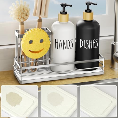 Moforoco Kitchen Dish Soap Dispenser Set, 16OZ Glass Bottle, Hand and Dish Soap Dispenser Set, Instant Dry Tray, Brush Holder with Smiley Face Sponge Holder (Silver Tray+Black&White Bottle) - color: Silver Tray+black&white Bottle