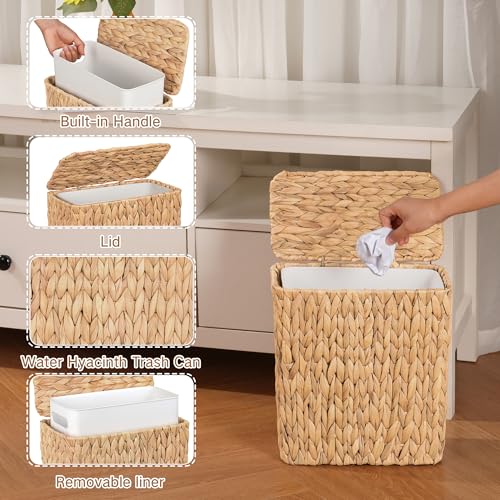 iEGrow Wicker Trash Can, Bathroom Trash Can with Lid, 3 Gallon Natural Water Hyacinth Waste Basket with Removable Liner, for Bedroom, Living Room, Toilet, Under Sink - color: Brown, size: Square