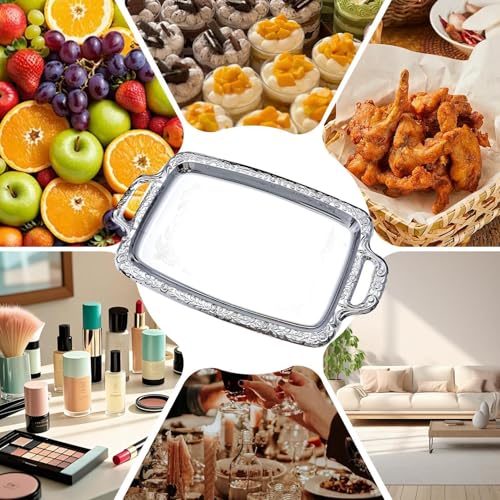 Metal Trays for Food Rectangular Modern with Handles | Silver Tray Food Serving Platter for Candy Bread Cake Charcuterie Dessert Fruit Party Home Kitchen Living Room