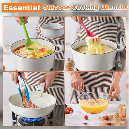 LIANYU 14 Pcs Silicone Kitchen Cooking Utensils Set with Holder, Colorful | 446°F Heat Resistant Silicone Cooking Utensils Spatula Set, Non-Stick & Dishwasher Safe Cooking Tools, Comfort Grip Handle - color: Colorful