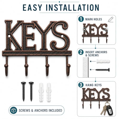 Comfify Copper-Black Cast Iron Key Holder for Wall – Keys Sign with 4 Hooks | Warm copper and black antique finish; mounting hardware included; entryway, hallway or door; 6"H x 8"L; holds 8 keychains - color: Copper with Black