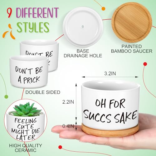 9 Pcs Funny Succulent Pots Ceramic Planters Bamboo Tray,Funny | Cute Aloe Cactus Planters with Drainage, White Mini Pots for Indoor Desk Decor, Birthday Housewarming Gifts for Women