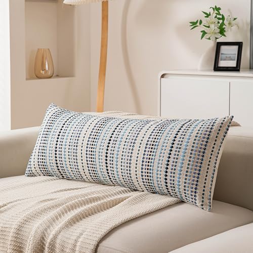 Boho Long Lumbar Body Decorative Throw Pillow Covers 14x36 Inch Pack of 1 Blue Woven Striped Pillow Covers Cotton Accent Pillowcase Farmhouse Cushion Covers for Home Decor Bed Couch Sofa Bench - color: Blue, size: 36" x 14" (Pack of 1)