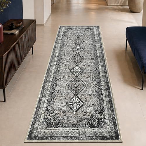 Keen Home Design 30"x84" Rug - Machine Washable Runner Rug with Non-Slip Backing, Ideal for Hallway, Entryway, Kitchen, Laundry Room - Vintage, Easy Clean, Durable, Low Pile Rug - (2'6" x 7') - color: Black, size: 2'6" x 7' (Runner)