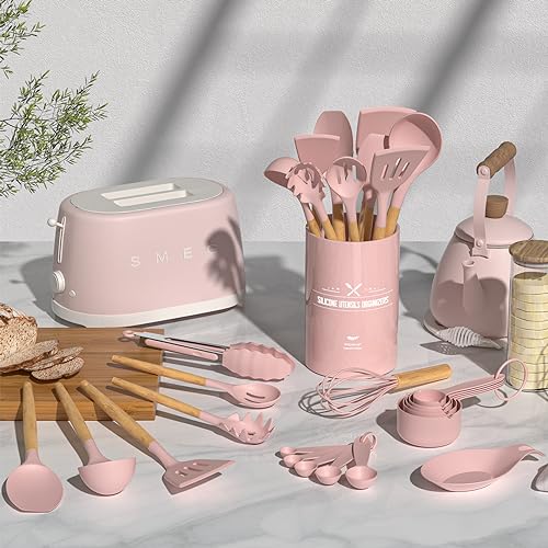 Umite Chef Silicone Kitchen Utensils Set, 33 Piece Non-Stick Kitchen Utensils with Stand, Wooden Handle, Pink - color: Pink