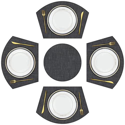 SHACOS Large Size Wedge Placemats with Centerpiece Round Mat Set of 5 Round Table Place Mats Washable Dining Table Placemats Reversible Durable, Black Gray - color: Black Gray