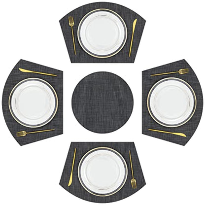 SHACOS Large Size Wedge Placemats with Centerpiece Round Mat Set of 5 Round Table Place Mats Washable Dining Table Placemats Reversible Durable, Black Gray - color: Black Gray
