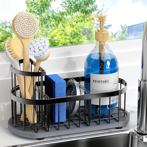 Sink Caddy Kitchen Sink Organizer, Sponge & Brush Holder, Stone Drying Mat | Space-Saving Sink Sponge Holder with Full-Size Tool Storage, Fits Most Sinks, Kitchen Sink Accessory and Countertop Organizer - color: Black