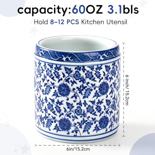 Large Blue and White Ceramic Utensil Holder Crock Chinoiserie Floral Design | Kitchen Countertop Organizer for Cooking Utensils Spatula Spoon Fork Home Decor Party
