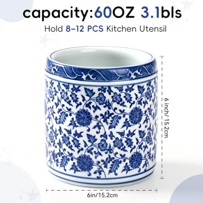 Large Blue and White Ceramic Utensil Holder Crock Chinoiserie Floral Design | Kitchen Countertop Organizer for Cooking Utensils Spatula Spoon Fork Home Decor Party