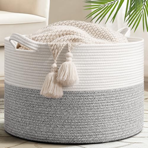 Goodpick Woven Blanket Basket Living Room, Toy Bin for Playroom, 65L | 19.7 x 19.7 x 12.6 In Toy Storage Basket for Nursery, Blanket Basket for Living room, Laundry Basket, Light & Grey - color: Light Grey, size: 19.7x19.7x12.6 Inch (Pack of 1)
