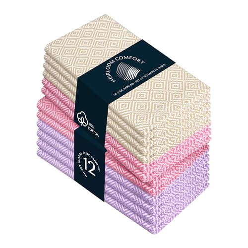 Multi Color Diamond Weave Cloth Napkins Set of 12, 16"x16", Cotton Napkin for Dining Tables, Dinner, Lunch, Parties, Celebrations & Everyday Use - Beige, Dark Pink, Lavender - color: Beige, Rose Pink, Lavender, size: 16" x 16" (Set of 12)