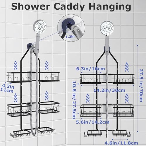 Shower Caddy Hanging Upgraded Adjustable Rustproof Shower Caddy Shower Organizer for Over Handheld or Fixed Shower Heads with Hooks Soap Holder Toothbrush Holder