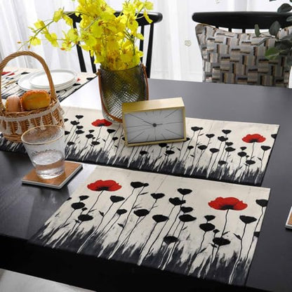 Table Runner and Placemats Set of 6 Abstract Red Floral Decorative Dining Table Runner with Matching Placemats Black Plant Leaf Table Decor for Kitchen Dining Room and Everyday Use 13x70in - size: 13"x70"+6pcs