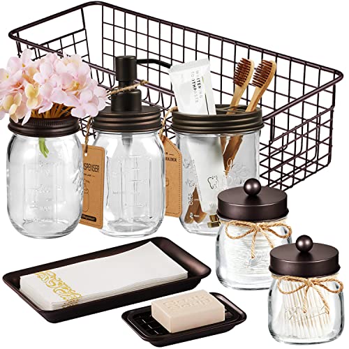 SheeChung 8PCS Mason Jar Bathroom Accessories Set Complete - Bronze | Includes Soap Dispenser, Toothbrush Holder, 2pcs Qtip Holders, Flower Vase, Soap Holder, Vanity Tray, Toilet Paper Storage - color: Bronze