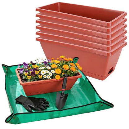 7 Pack 17 Inch Rectangular Plastic Window Box Planters(Brick-red) | Includes trowel, waterproof mat & gloves, perfect for indoor/outdoor herbs, veggies, and flowers - color: Brick-red