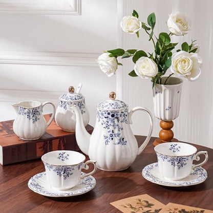 Ceramic Floral Cups with Saucers，7 oz Espresso Cups for Latte Coffee Cafe, Cappuccino and Tea (1, Little Blue Flower) - color: Little Blue Flower