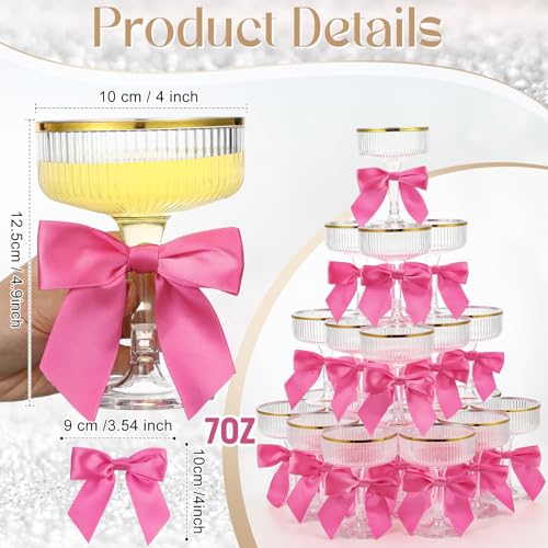 Set of 24 Plastic Champagne Coupe Glasses with Bow 7 oz Gold Champagne Tower Set Stackable Acrylic Ribbed Martini Glasses Cocktail Coupe Cup for Wedding Birthday Party Bar(Ribbon,Hot Pink) - color: Hot Pink, style: Ribbon