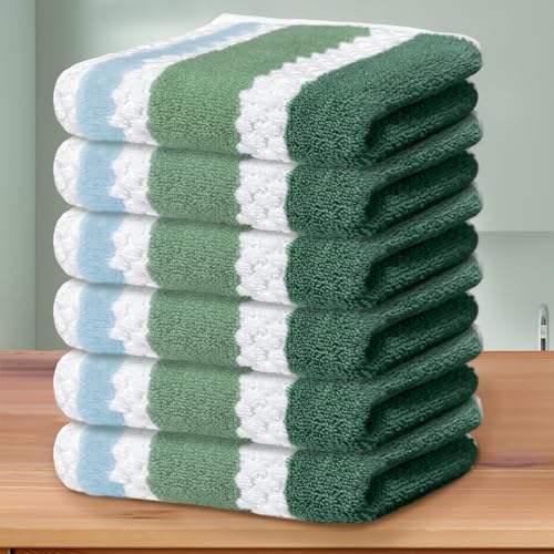 VOOVA & MOVAS Green White Washcloth 6pc, 13x13, Waffle Stripe | Quick Dry, Absorbent, Soft, Thick, Heavy Duty, Fade-Resistant, Decorative, Perfect for Shower & Bathroom - color: Green and White, size: 6 PC Washcloth Set