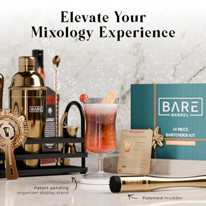 BARE BARREL® Mixology Bartender Kit Bar Set | 14-Piece Cocktail Shaker Set | Martini Barware Mixing Tools for Home Bartending | 35 Recipe Cards | Gift Set (24oz Cobbler Shaker, Gold/Black) - color: Gold/Black