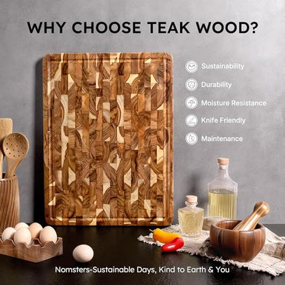 Teak Wood Extra Large End Grain Cutting Board for Kitchen with Non-slip Feet, Heavy Duty Checkered Cutting Board Handcrafted Luxury Chopping Board for Cheese and Vegetables Housewarming Gift - size: 20"L x 15"W