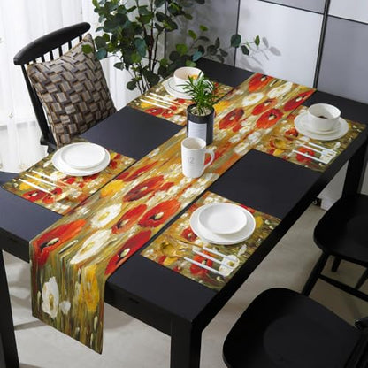 Table Runner and Placemats Set of 6 White Red Flower Leaf Decorative Dining Table Runner with Matching Placemats Plant Oil Painting Table Decor for Kitchen Dining Room and Everyday Use 13x90in - size: 13"x90"+6pcs