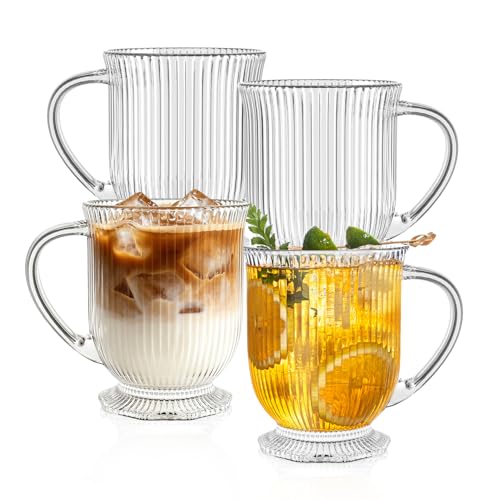 KEMORELA 16oz Ribbed Glass Coffee Mugs Set,Large Glass Mugs with Handle | 4-pack,Clear Thick glass,Wide base,Microwaves,Dishwasher safe,For Ice Coffee,Americano,Latte,Tea,Juice,Hot/Cold Beverages - color: Ribbed-4PCS