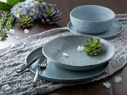 Sango 16-Piece Stoneware Dinnerware Set for 4, Semi-Matte Teal Plates and Bowls Sets with Rustic Speckled Glaze, Ceramic Dish Set, Elegant Boho Farmhouse Dishes, Microwave & Dishwasher Safe, Kaya Blue - color: Blue
