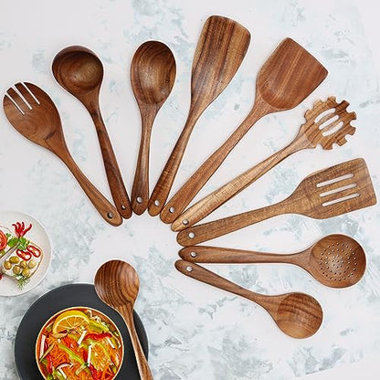 Zulay Kitchen 9-Piece Teak Wooden Utensils for Cooking - Natural Teak Utensil Set with Premium Gift Box - Non-Stick Wooden Spoons for Cooking - Kitchen Gift Set - Comfortable Grip Wooden Utensil Set - size: 9 Piece | Gift Box