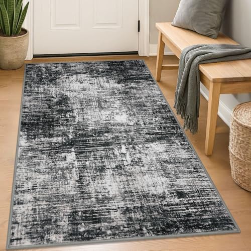 KILOCOCO Abstract Area Rug 3x5 Entryway Rug Washable Rugs, Black/Grey | Non Slip Kitchen Rugs, Soft Front Door Rug, Machine Washable Rugs 3x5, Indoor Foyer Rug, Printed Living Room Floor Carpet - color: Black/Grey, size: 3' x 5' (Rectangular)