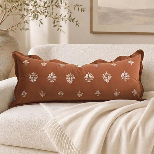 BlissBlush Long Lumbar Pillow Cover 14x36 for Bed, Terracotta Velvet Decorative Lumbar Pillow Cover, Floral Accent Cushion Cover with Embroidery and Scalloped Edge for Couch Sofa Bed, Cover ONLY - color: Orange Terracotta, size: 36" x 14" (Pack of 1)