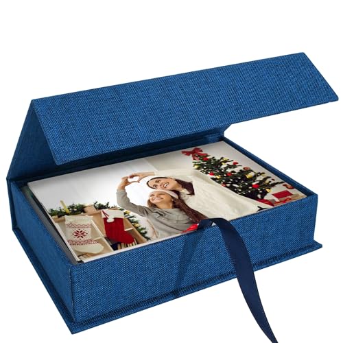 Photo Storage Box 5x7, Keepsake Box - Blue | Linen Material, Connected Lid, for Photos, Certificates, Scrapbooking Supplies, Keepsakes, Jewelry - color: Navy Blue, size: 5"x7"