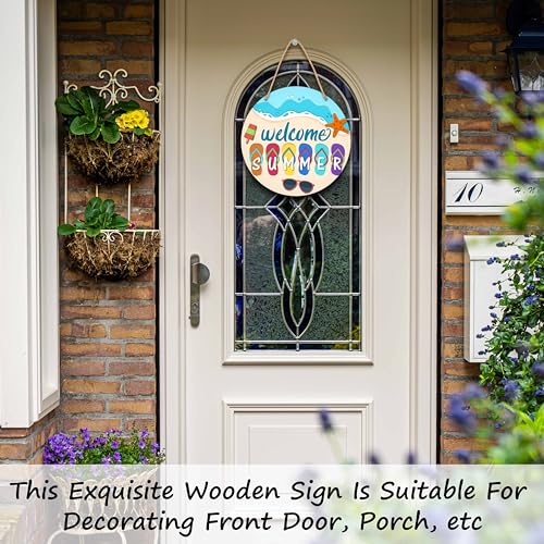 Summer Welcome Sign, Round Wooden Wall Sign, 10x10 inches, Beach Theme, Flip Flop Decor, Rope Mount - color: Flip Flop