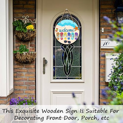 Summer Welcome Sign, Round Wooden Wall Sign, 10x10 inches, Beach Theme, Flip Flop Decor, Rope Mount - color: Flip Flop