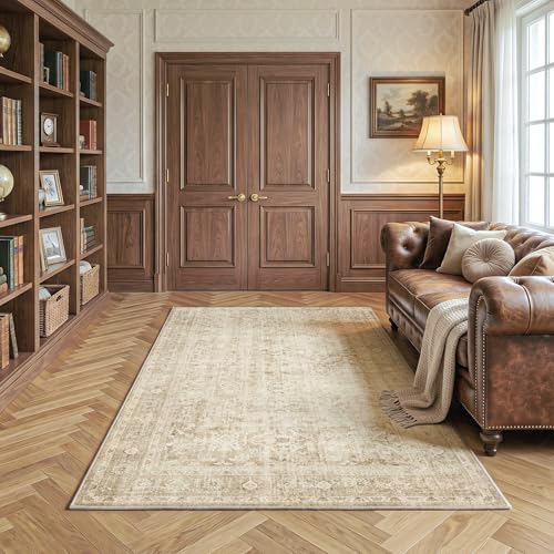FMFUNCTEX 4x6 Washable Beige Vintage Neutral Throw Area Rug for Entryway | Cream Non Slip Low Pile Soft Distressed Oriental Traditional Indoor Thin Carpet Office Bedroom Kitchen Entry Living Room - color: Beige, size: 4' x 6' (Rectangular)