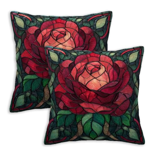 Rose Throw Pillow Covers 18x18 Set of 2 | Red Flower Decorative Cushion Covers for Couch Sofa Living Room | Stained Glass Mosaic Floral Pillowcases for Bedroom Home Decor Outdoor Patio - color: Glass Rose