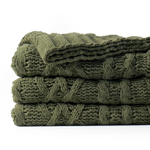 Battilo Olive Green Throw Blanket for Couch, Chunky Cable Knit Blanket, Woven Soft Cozy Chenille Throw Blanket for Bed, Sofa, Chair, Living Room, 51"x67" - color: Olive Green