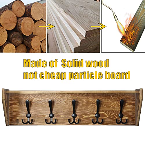 WEBI Wall Shelf with Hooks Underneath,24" Long Wall Mounted Coat Rack with Shelf,5 Triple Hooks,Wall Shelves for Bathroom,Rustic Brown - color: Brown, size: 24 Inch