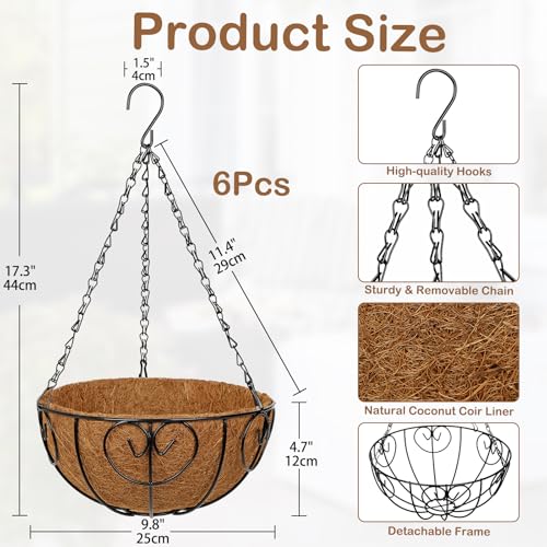 10 inch Metal Hanging Baskets for Plants Outdoor, 6 Pack Metal Wire Hanging Basket Planter with Coco Liner Flower Pots for Indoor Outdoor Garden Porch Patio, Heart-Shaped - size: 10" x 6 Pack, style: Heart