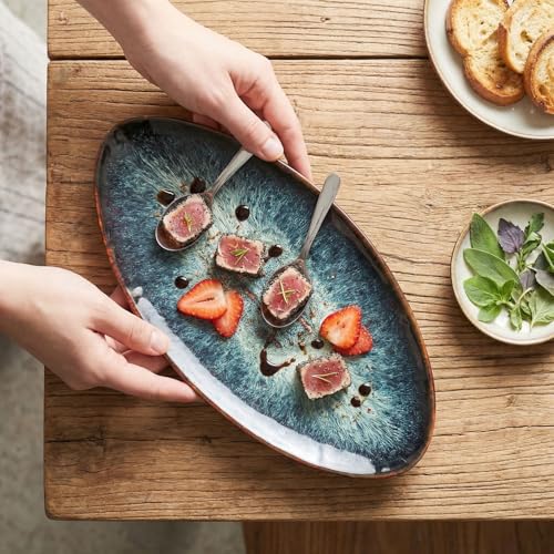 Ceramic Dinner Plates Set of 4, for Bread, Pasta, Salad, sushi - Microwave, Oven and Dishwasher Safe, Scratch Resistant durable Black reactive glaze - color: Black reactive glaze, size: 13.3 inch