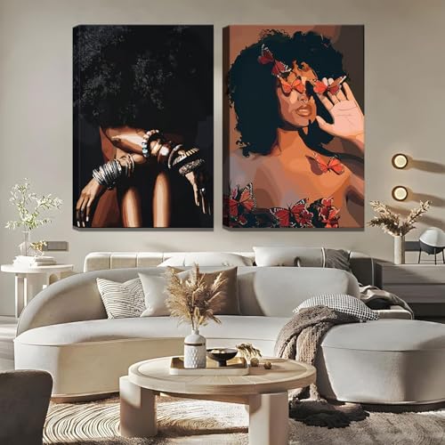 Framed Modern Abstract African American Women Wall Art (Set of 2), Canvas HD Print, Bohemian Black Girl with Energetic Butterfly Decor, Black Inspirational Contemplative Poster, Meditation Inspirational & Trendy Print, Living Room, Bedroom, Bathroom, Offi
