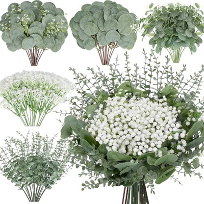 Palonu 200 Pcs 5 Kinds Mixed Artificial Eucalyptus Leaves Stems Bulk Babys Breath Eucalyptus Bundle Faux Plants Greenery for DIY Bouquets Floral Arrangement Wedding Engagement Party Decor
