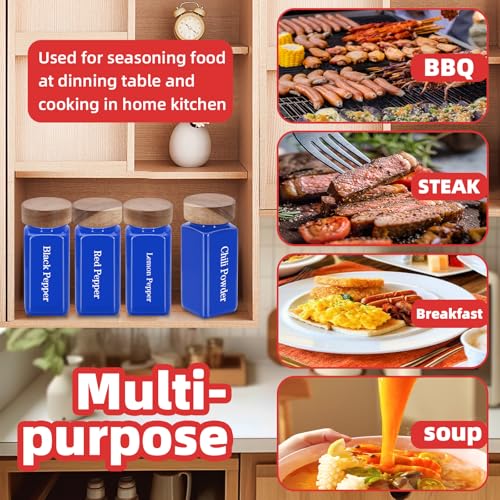 6Pcs 4 oz Square Glass Spice Jars with Label, Empty Spice Containers with Wooden Lids, Square Seasoning Containers and Supplement Set, Small Seasoning Bottles for Salt, Sugar, Pepper (Blue) - color: Blue