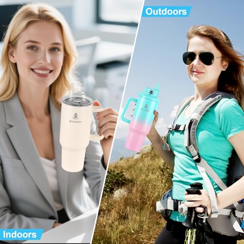 40 oz Tumbler with Handle and Straw or Convert to 40 oz Insulated Water Bottle Fits in Cup Holder. Stainless Steel Metal Water Flask with 2 Lids for Travel,Camping,Gym Sports Coffee Mug Thermal Cup - color: Cream