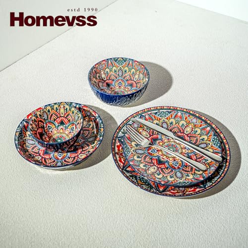 Boho 10 Pieces Dinnerware Sets, Plates and Bowls Set, Porcelain Dishes Set for 2, Microwave and Dishwasher Safe, Scratch Resistant, Bohemian Style Dining Ware, Blue - color: Blue