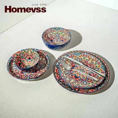 Boho 10 Pieces Dinnerware Sets, Plates and Bowls Set, Porcelain Dishes Set for 2, Microwave and Dishwasher Safe, Scratch Resistant, Bohemian Style Dining Ware, Blue - color: Blue